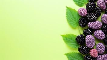 Blackberries and raspberries on green background. AI Generated. photo