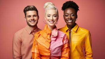 Group of smiling multiethnic young people posing in studio over pink background. AI Generated. photo