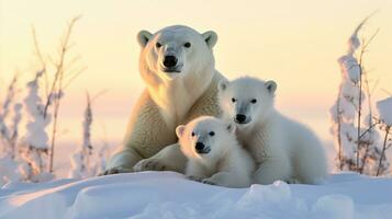 polar oso madre y cachorro en el paquete hielo. ai generado. foto