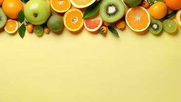 Fruits with leaves on yellow background, flat lay. Space for text. AI Generated. photo