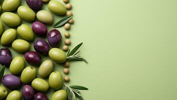 Green and purple olives on a green background with copy space. AI Generated. photo