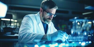 masculino científico trabajando en el laboratorio. ciencia, química y tecnología. ai generado. foto