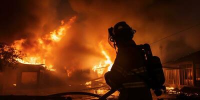 bombero extinguir un fuego en un ardiente casa o oficina. ai generado. foto