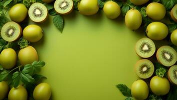Green kiwi fruit and green leaves on green background with copy space. AI Generated. photo