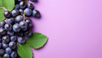 Grapes with green leaves on purple background, flat lay. Space for text. AI Generated. photo