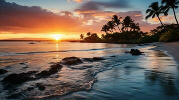 tropical playa a puesta de sol. ai generado. foto