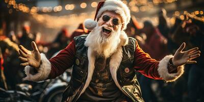 retrato de alegre Papa Noel claus en Gafas de sol. ai generado. foto