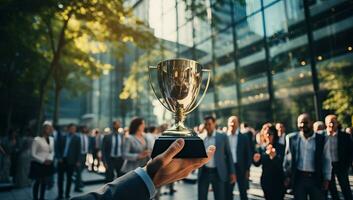 Businessman holding a trophy in front of a group of business people. AI Generated. photo