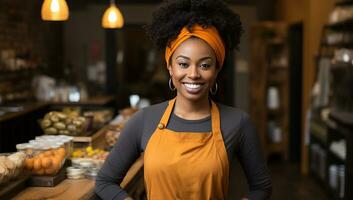 african american woman working at cafe or coffee shop and smiling. AI Generated. photo