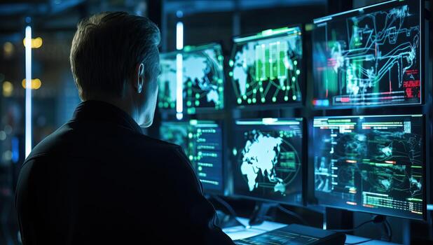 Man Analyzing Data on Multiple Computer Screens. AI Generated. photo