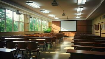 interior de un vacío salón de clases con filas de sillas y mesas. ai generado. foto