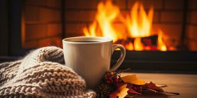 Cup of hot drink with knitted scarf on wooden table near fireplace. AI Generated. photo