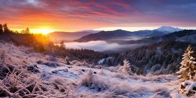 Winter Sunrise Over Snowy Mountains. AI Generated. photo