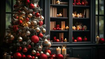 Christmas tree with red balls and candles in the interior of the room. AI Generated. photo