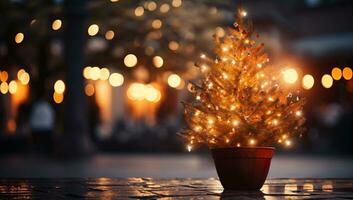 Christmas tree in pot with bokeh lights on background. Christmas and New Year concept. AI Generated. photo