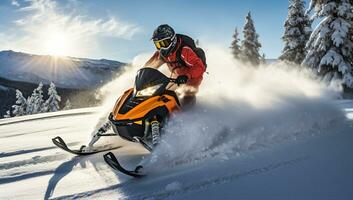 Athlete on a snowmobile moving in the mountains at sunset. AI Generated. photo