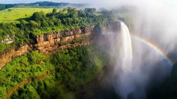 Rainbow Over Waterfall in Lush Green Landscape. AI Generated. photo