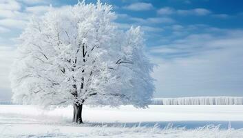 Snowy Tree in Winter Landscape. AI Generated. photo