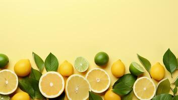 Fresh Lemons and Limes on a Yellow Background. AI Generated. photo