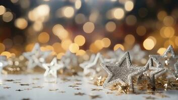 Christmas and New Year background with bokeh lights and silver stars. AI Generated. photo