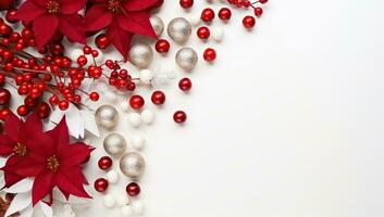 Festive flat lay of red poinsettia flowers and silver and red baubles on a white background. AI Generated. photo