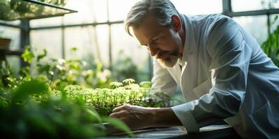 mayor masculino científico trabajando en un computadora en un invernadero con joven plantas. ai generado. foto