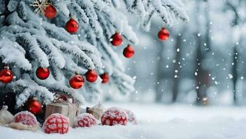 Navidad árbol con rojo adornos en Nevado bosque. ai generado. foto