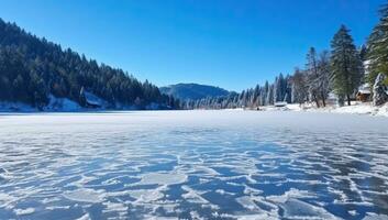 invierno paisaje con congelado lago y conífero bosque. ai generado. foto