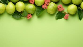 Fresh guava with leaves on green background. AI Generated. photo