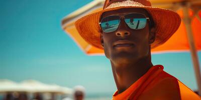 joven africano americano hombre en Gafas de sol y sombrero en el playa. ai generado. foto