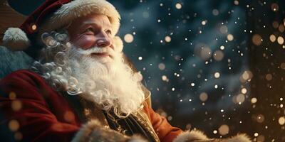 Papa Noel claus en el Nevado noche. ai generado. foto