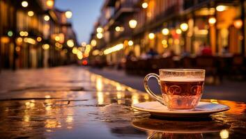 taza de té en lluvioso calle a noche. ai generado. foto