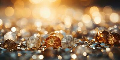 Golden Christmas balls on bokeh background. Christmas and New Year concept. AI Generated. photo