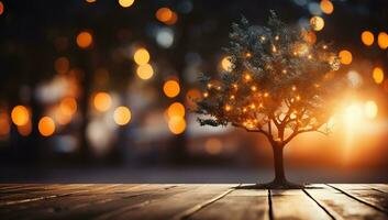 Christmas tree with bokeh lights at night. Christmas and New Year concept. AI Generated. photo