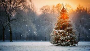 Christmas tree in snowy park at sunset. AI Generated. photo