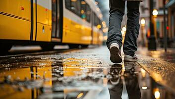 Man Walking on Wet Street with Tram in Background. AI Generated. photo