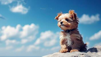 pequeño perrito sentado en un rock debajo azul cielo. ai generado. foto