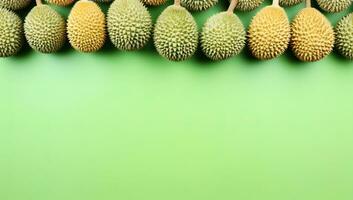 Line of Durian Fruit on Green Background. AI Generated. photo