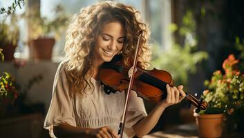 Girl playing violin in sunlit room. AI Generated. photo