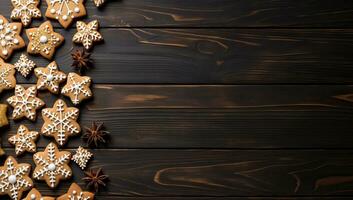 Navidad pan de jengibre galletas en de madera antecedentes. parte superior ver con Copiar espacio. ai generado. foto