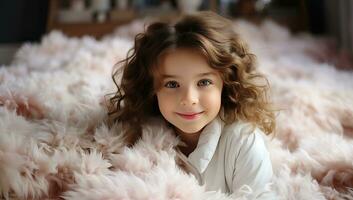 little girl with curly hair on pink faux fur rug at home. AI Generated. photo