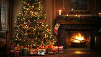 Christmas tree and fireplace in cozy living room. AI Generated. photo