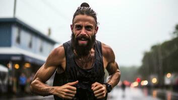 Man running in the rain on a city street. AI Generated. photo