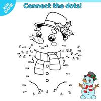 punto a punto niños juego. conectar el puntos por números y dibujar un dibujos animados monigote de nieve en bufanda y sombrero con muérdago. educativo rompecabezas para niños con invierno nieve personaje. bebé hoja de cálculo. vector diseño.