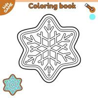 Outline gingerbread snowflake. Page of kids coloring book with cartoon Christmas biscuit. Color contour New Year cookies. Activity book for children. Vector illustration of the classic Xmas sweets.