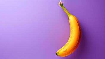 Banana hanging on a rope on a purple background with copy space. AI Generated. photo