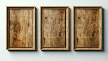 Tres de madera marcos en un blanco pared. ai generado. foto
