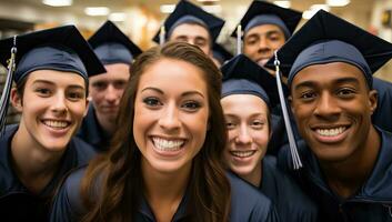 retrato de grupo de estudiantes en graduación vestidos sonriente a cámara. ai generado. foto