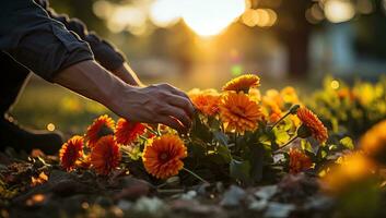 man hand picking up orange gerbera flowers in the garden at sunset. AI Generated. photo