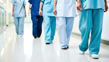 Medical professionals walking in hospital corridor. AI Generated. photo